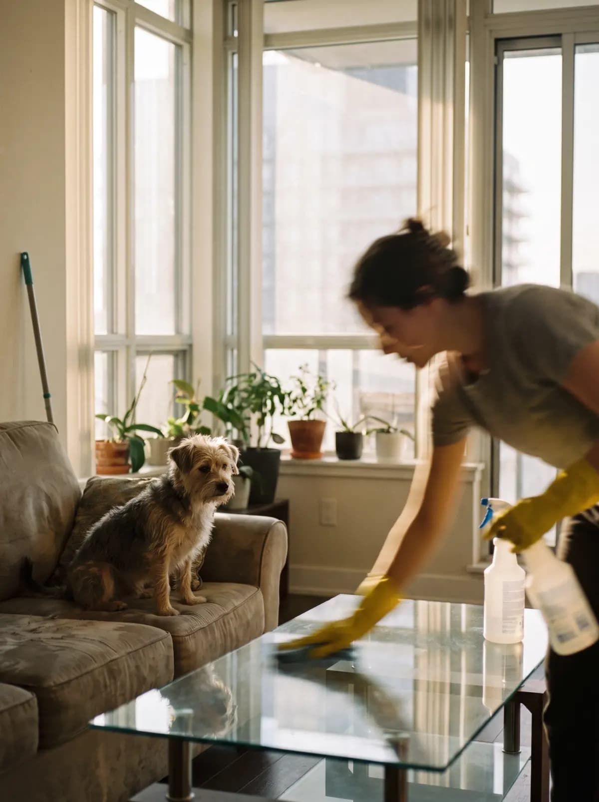 A cleaner in yellow gloves wipes a glass table in a sunny condo while the dog on the sofa watches with suspicion