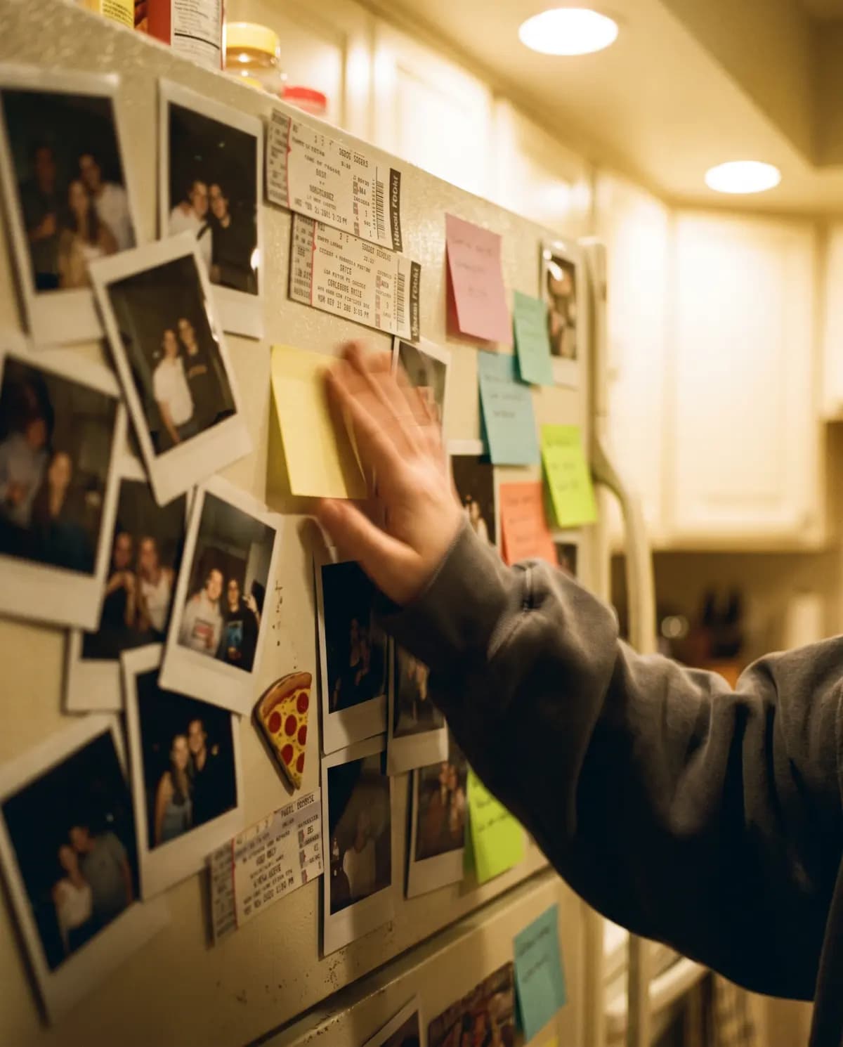 A hand in a hoodie sleeve presses a blank yellow sticky note onto a fridge covered in polaroids and magnets