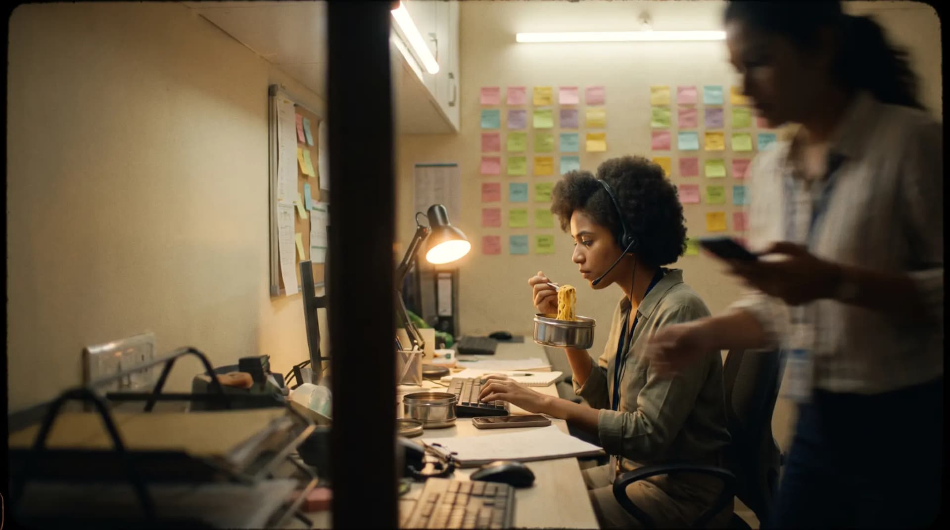 An operations lead in a headset calmly types a reply while eating noodles, a wall of colour-coded sticky notes behind and a teammate rushing past in a blur