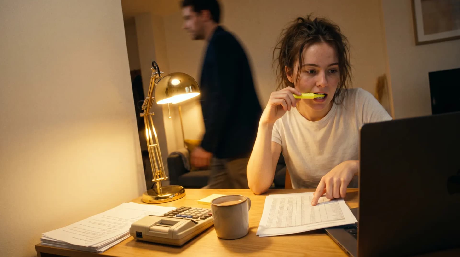 A finance analyst with a highlighter in her teeth checks a printed spreadsheet against her laptop, a calculator and tea beside her, a colleague blurred behind