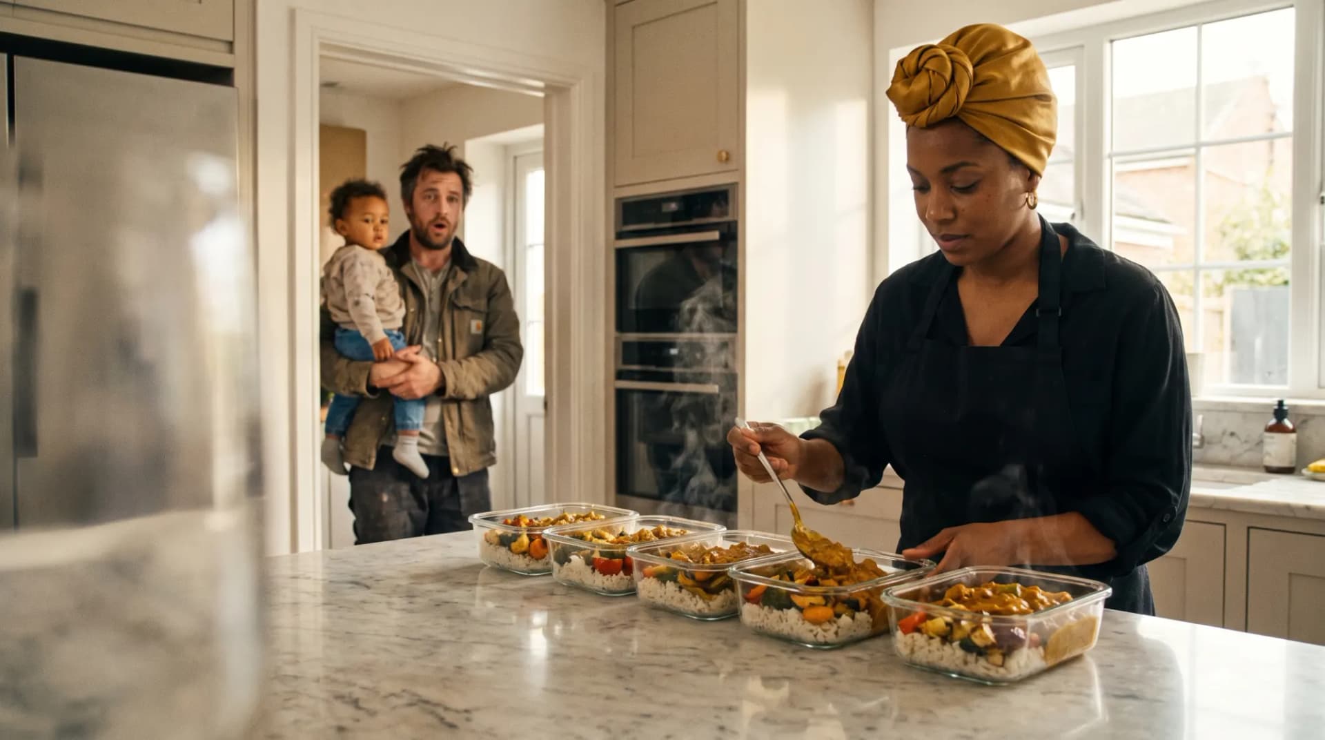 A cook spoons curry into the last of five meal-prep dinners lined up on a client’s counter while the dad, home from work with a toddler on his hip, stares in relief