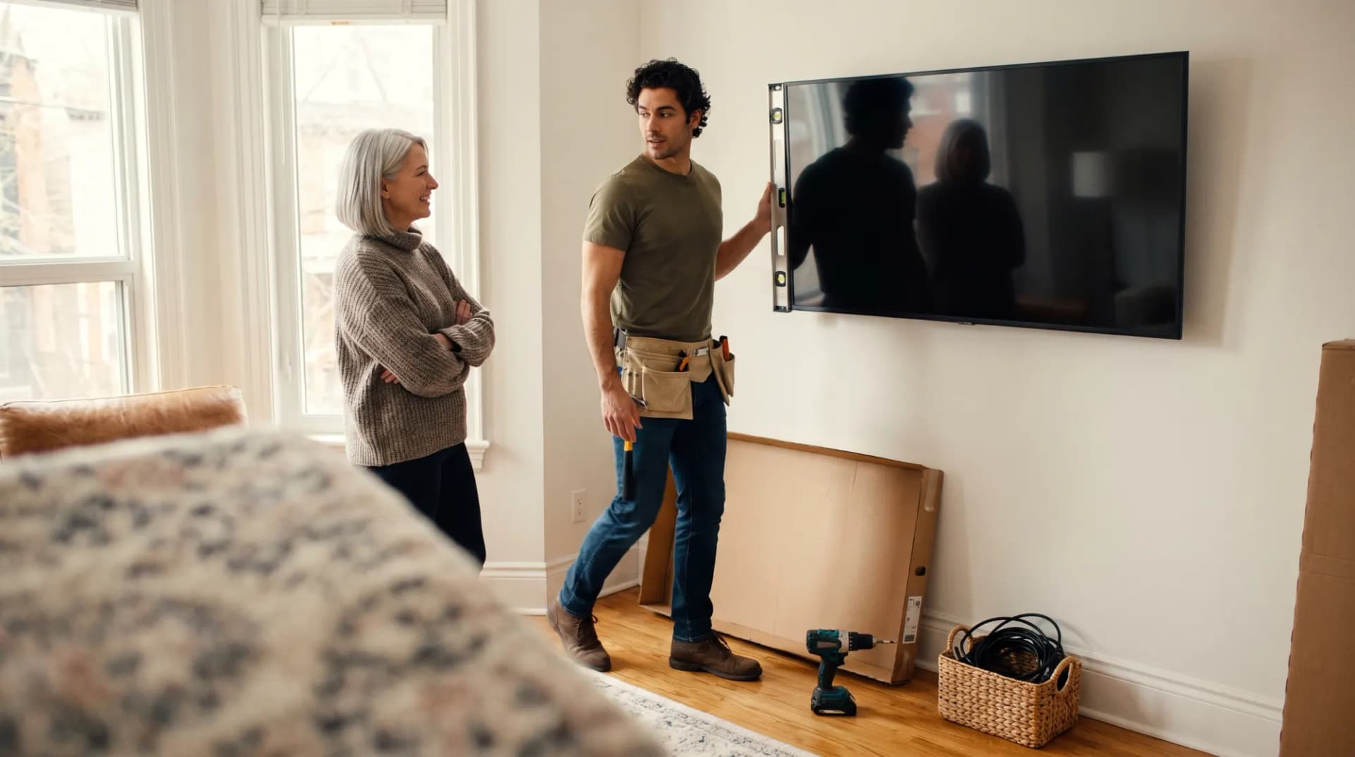 A handyman checks a freshly mounted TV with a spirit level, no cables in sight, while the homeowner nods, impressed