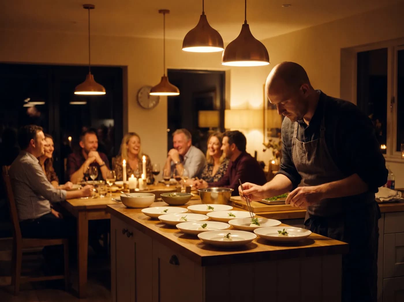 A private chef garnishes the last of eight plated dishes on a client’s kitchen island while the dinner guests wait at the candlelit table