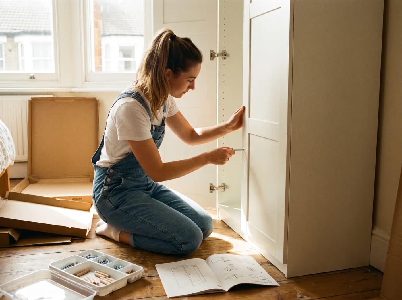 A furniture assembler fits the last door on a flat-pack wardrobe, the screw tray and instructions on the floor beside her