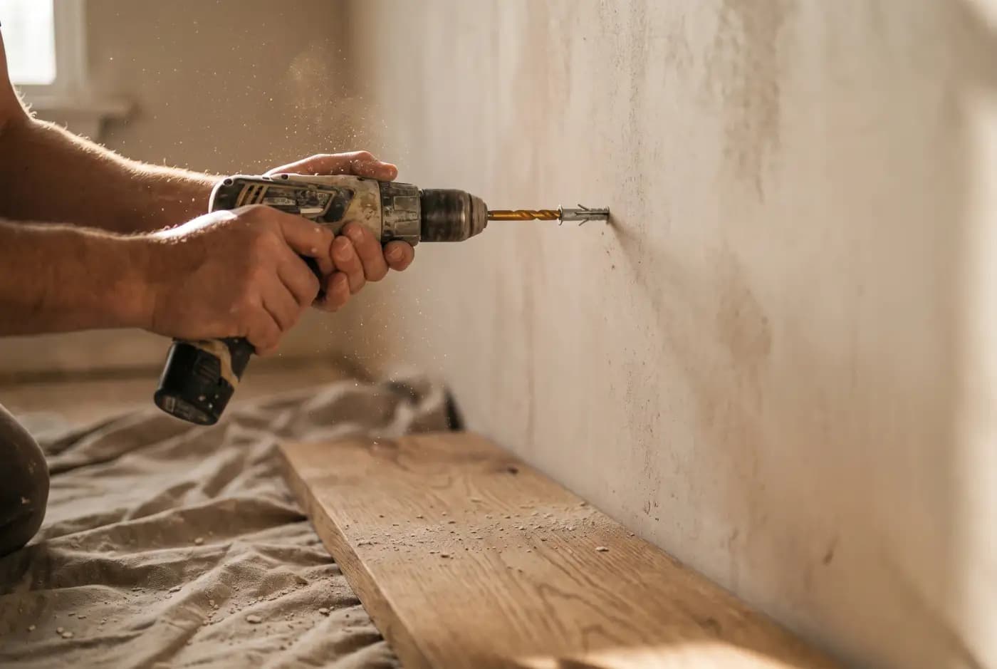 Close-up of hands driving a wall anchor with a cordless driver