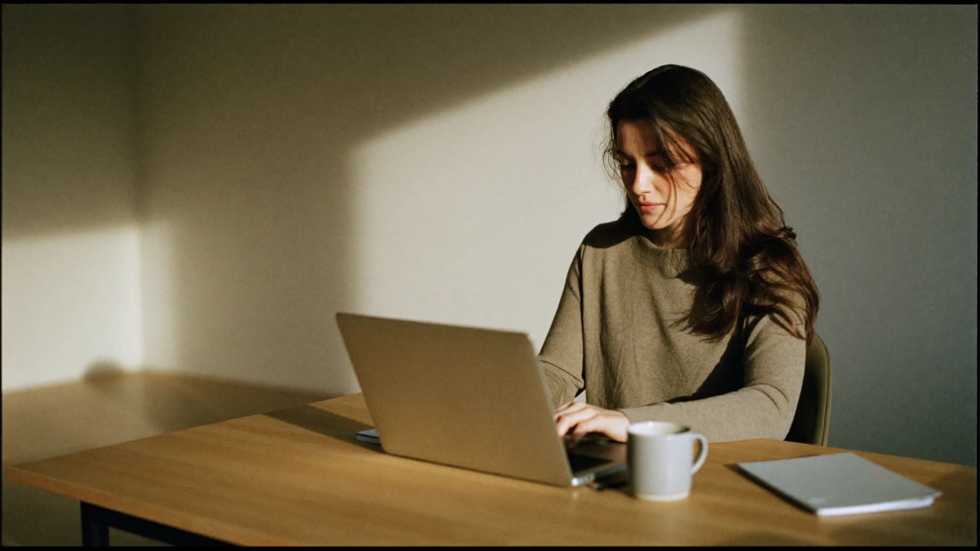 A Tasker working at a desk in a bright apartment, late-afternoon light across the wall behind her