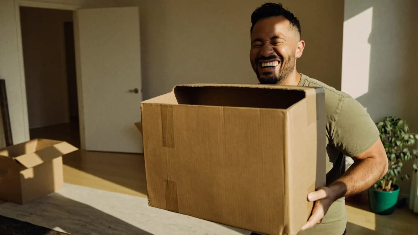 A mover laughing as he carries a packing box into a sunlit apartment.