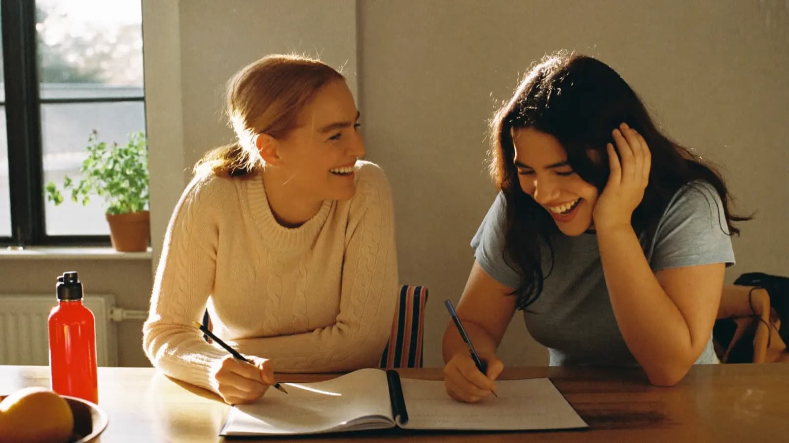 A tutor and a student laughing over a shared notebook at a kitchen table.