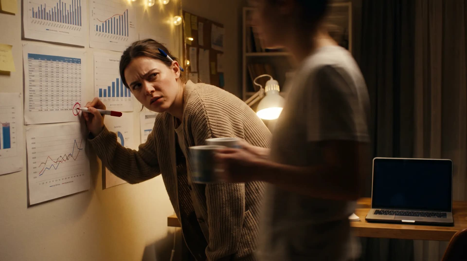 A data scientist at night circles one point on a wall of printed charts while a colleague blurs past with two coffees