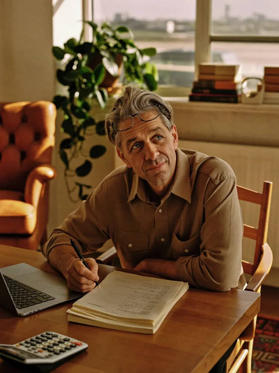 An accountant looking up from a stack of paperwork, laptop and calculator to hand.