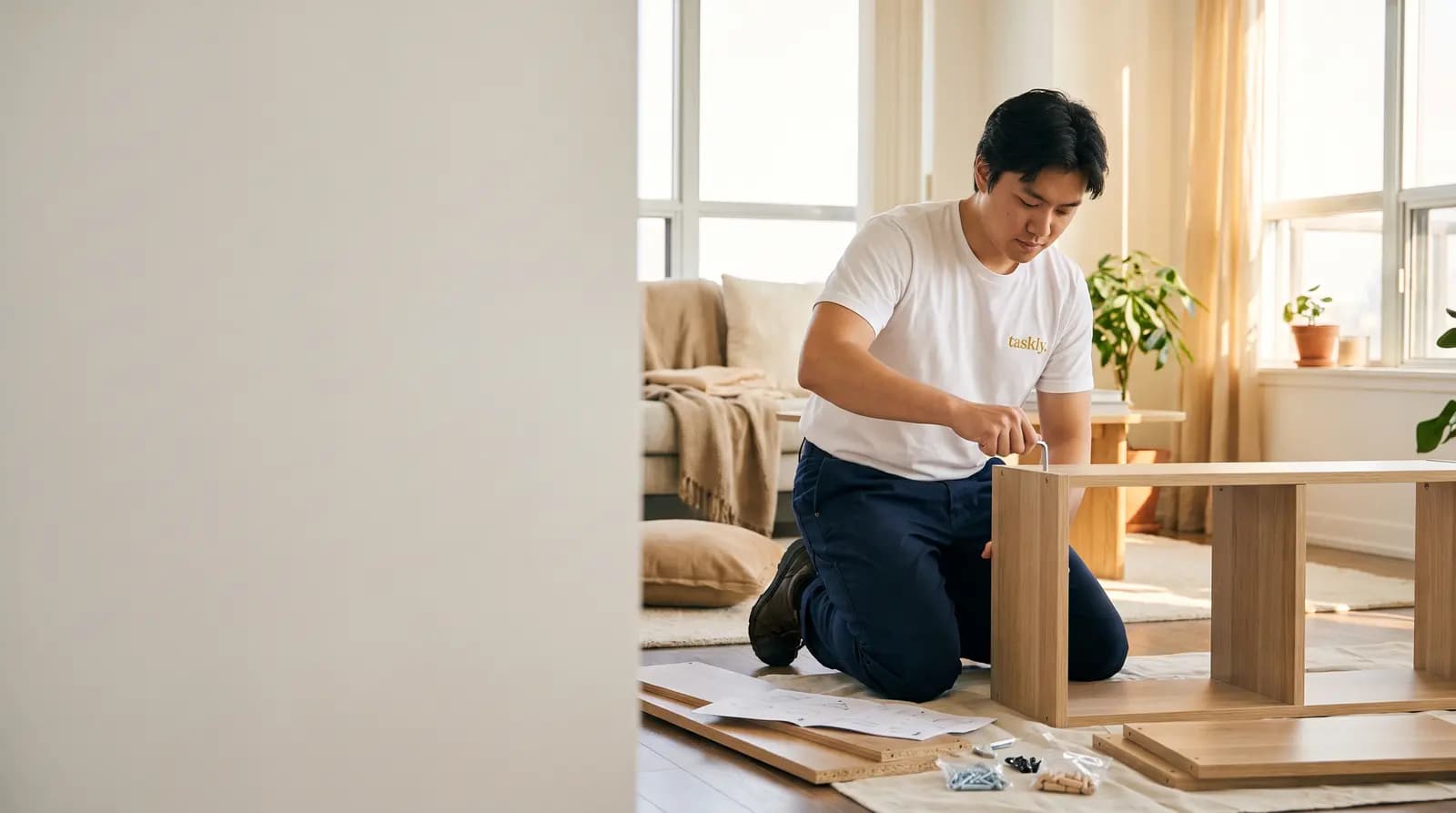 Flat-pack shelving being assembled on the floor of a Toronto apartment, parts laid out in order.