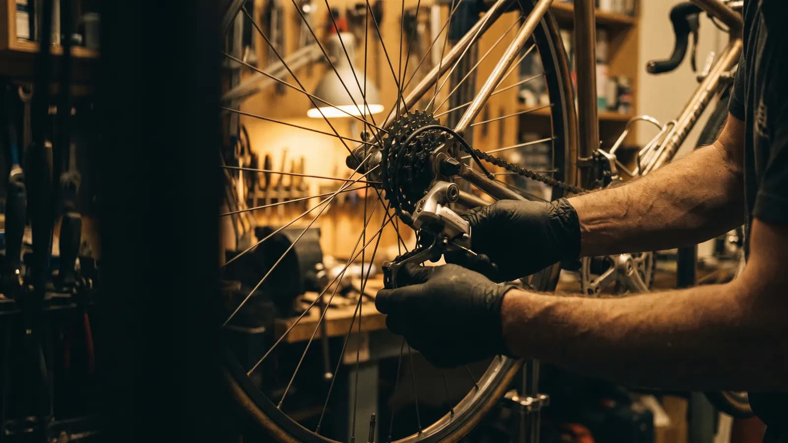 A mechanic’s hands adjusting the rear derailleur of a road bike in a warm, low-lit workshop.