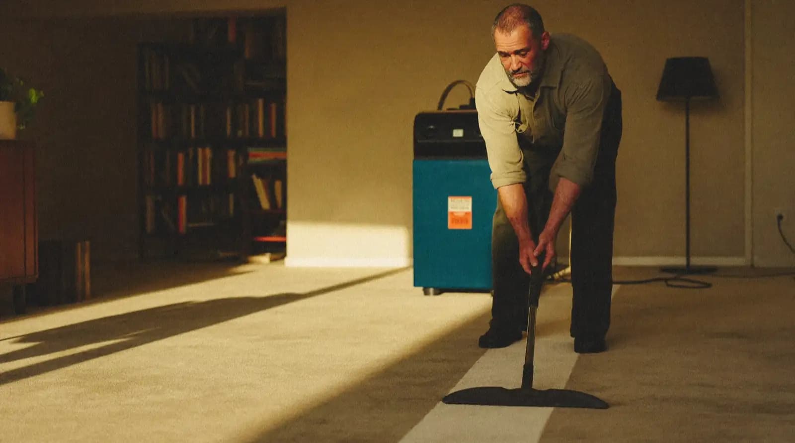 A hot-water extraction wand drawing one brighter clean stripe through a dull carpet.