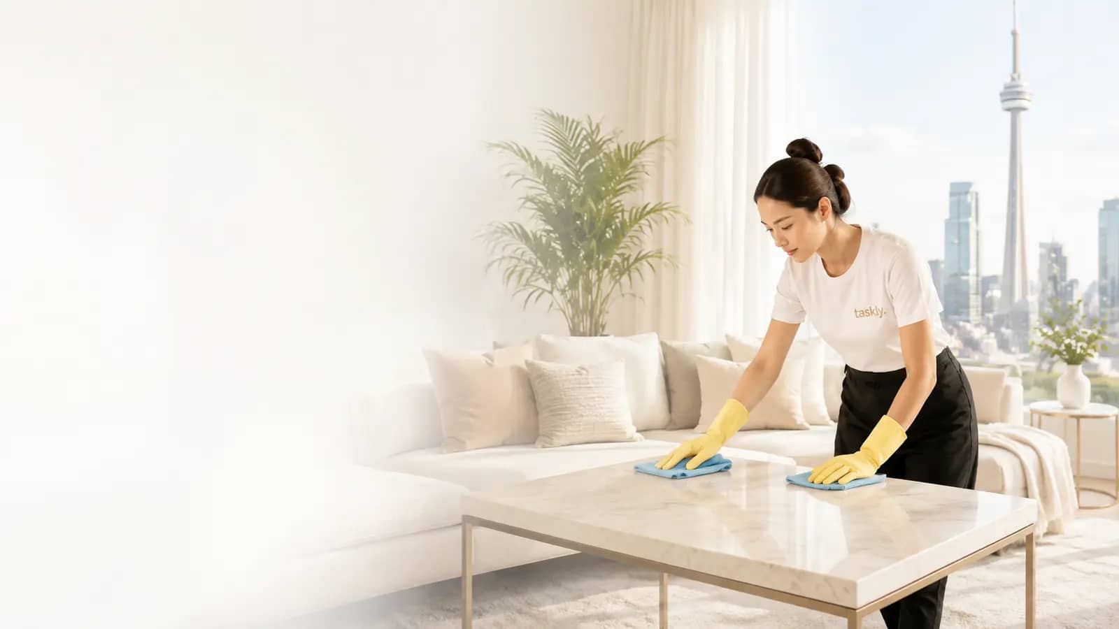 A cleaner wiping down a living-room table in a Toronto condo at dusk, the city skyline behind.