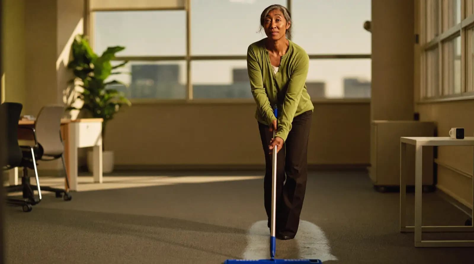 A flat mop laying a wet band across office flooring after hours.