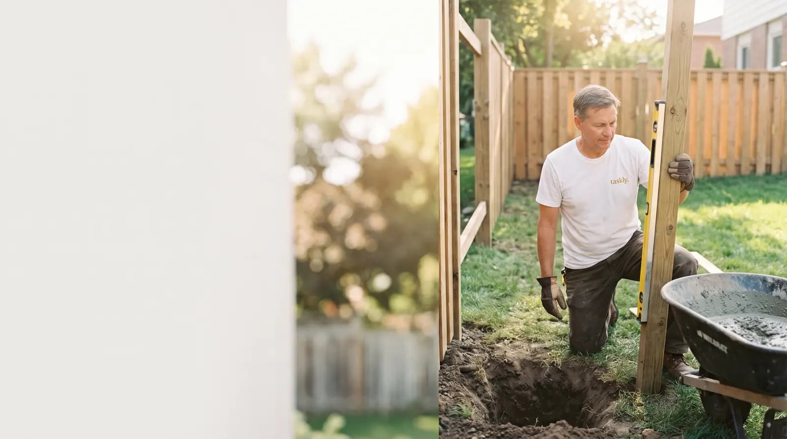 A pressure-treated fence post being set below the frost line in a suburban Toronto back yard.