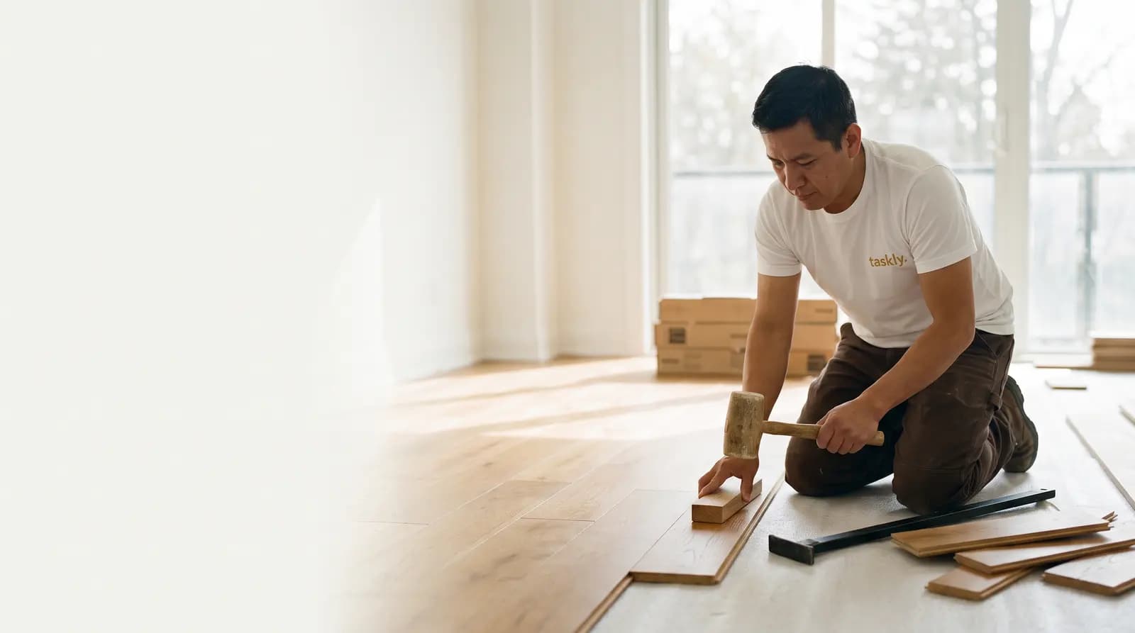Engineered hardwood being tapped into place across the floor of an empty Toronto living room.