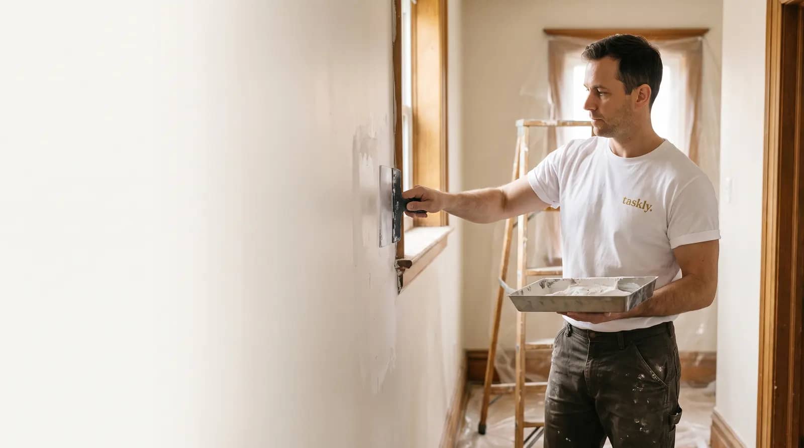 Filler being skimmed over a patched section of drywall with a taping knife in a Toronto hallway.