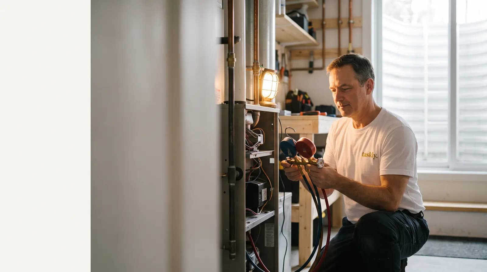 A home furnace being serviced with the front panel off and a gauge set connected, in a Toronto basement.