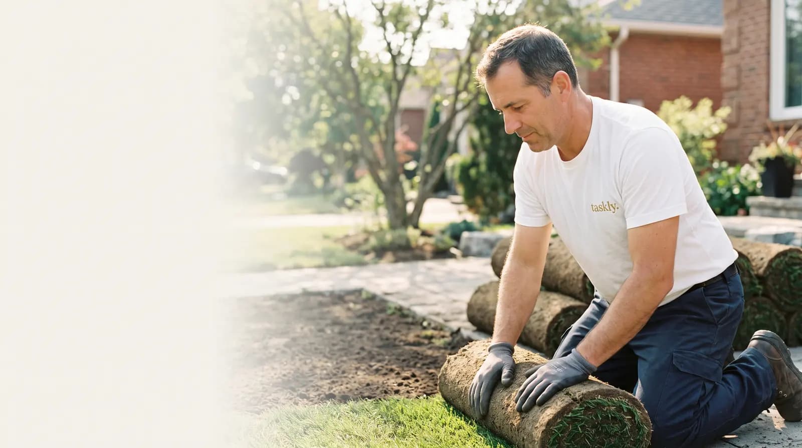 A roll of fresh sod being laid and the seam pressed closed in a suburban Toronto front yard.