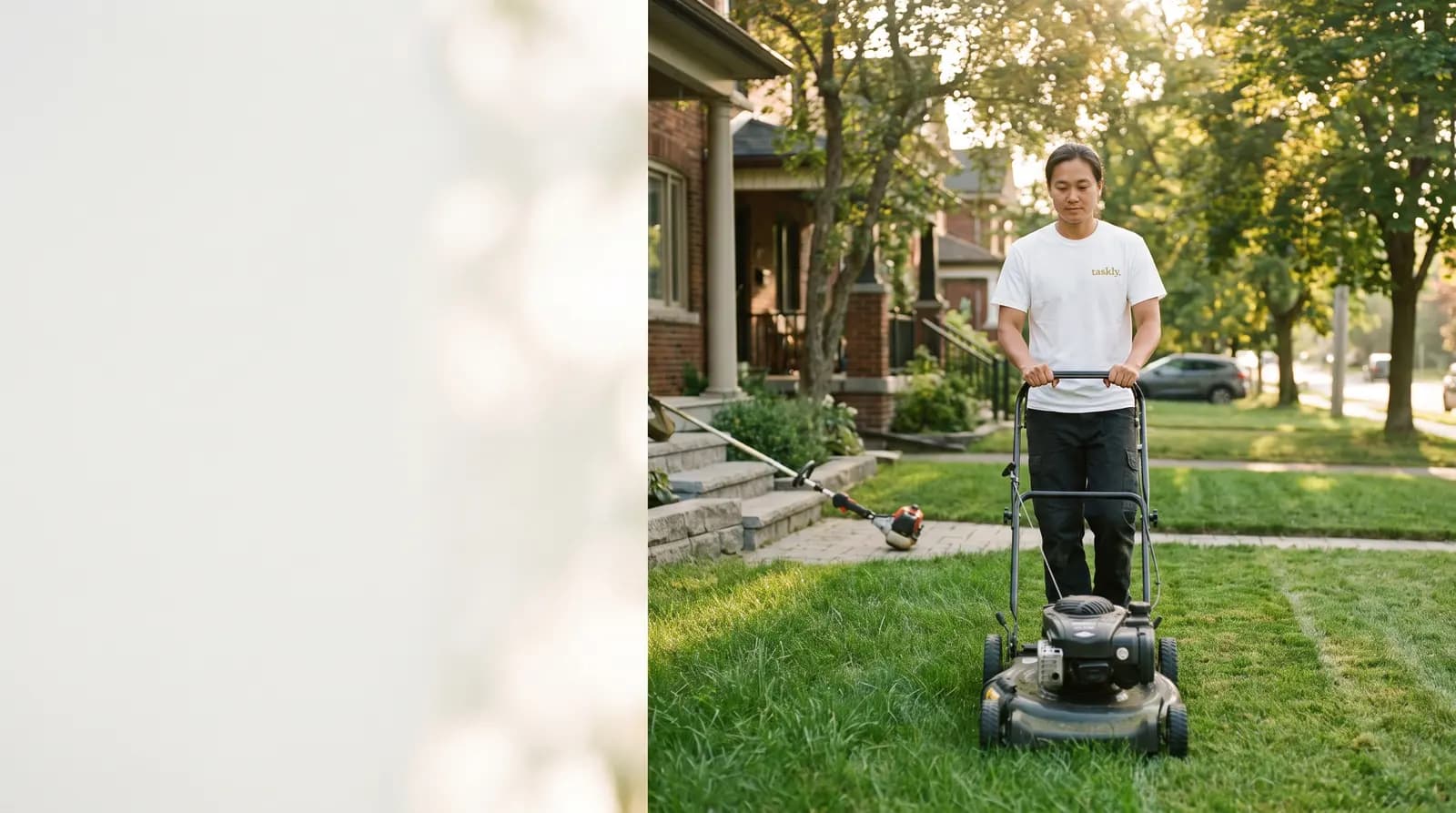 A suburban Toronto lawn part-way through being mown on a summer afternoon.