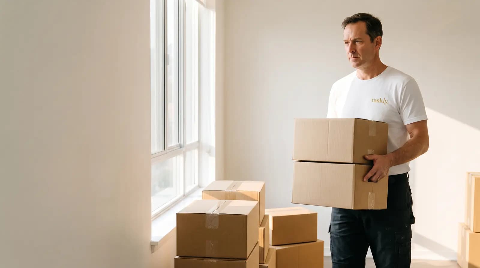 Packed moving boxes waiting in the front room of an empty GTA apartment.