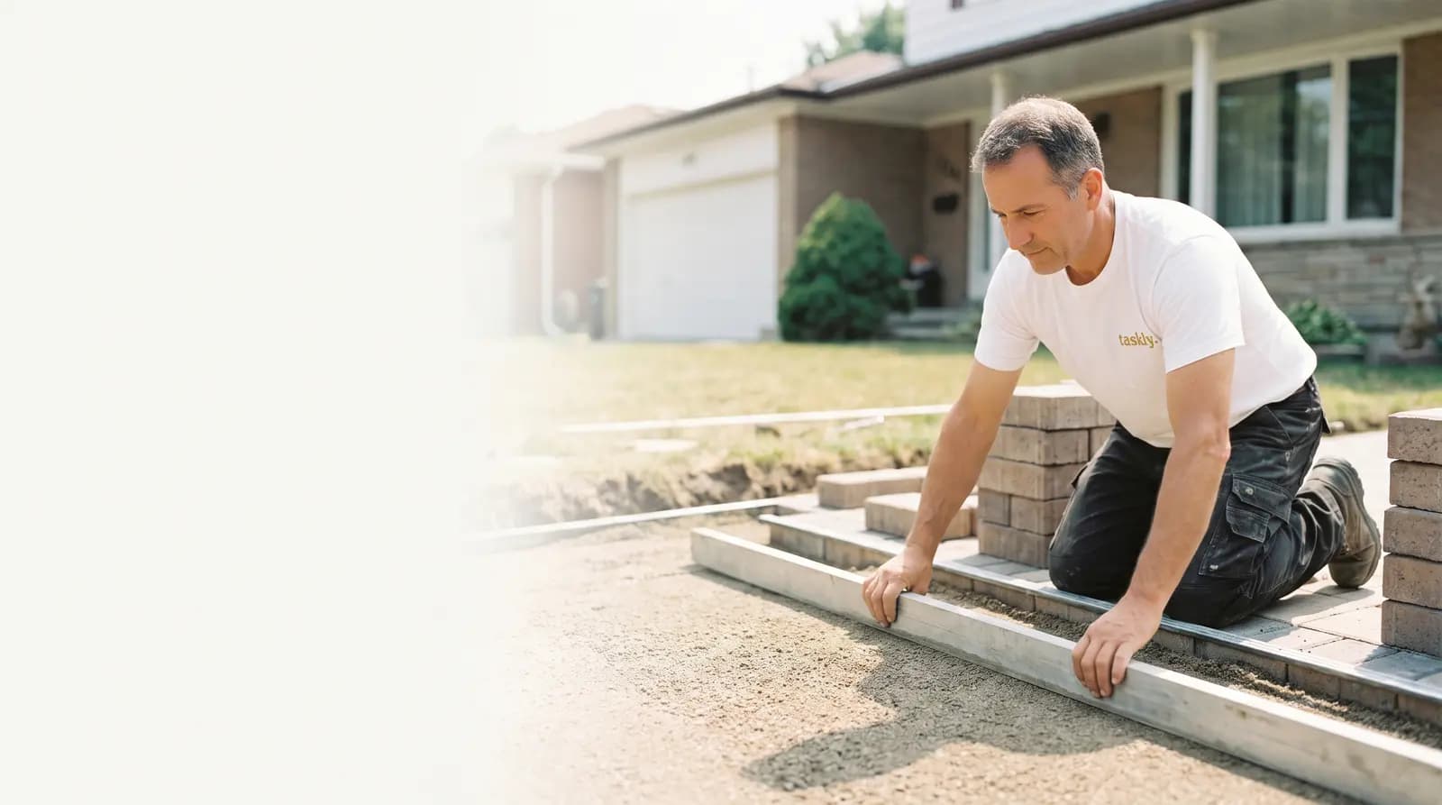 A granular driveway base being screeded flat on rails before interlock is laid, in front of a Toronto house.