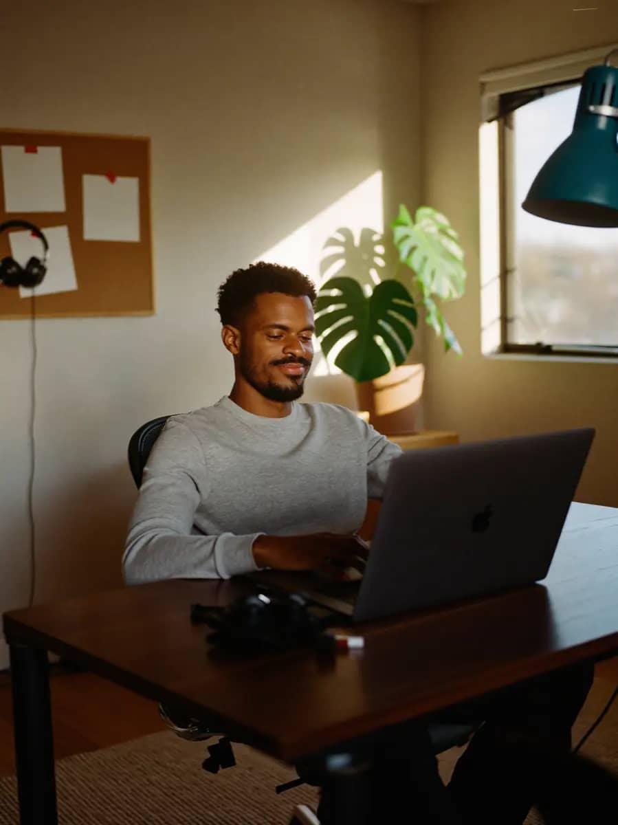 A web developer at a laptop in a home office, headphones on the desk beside them.