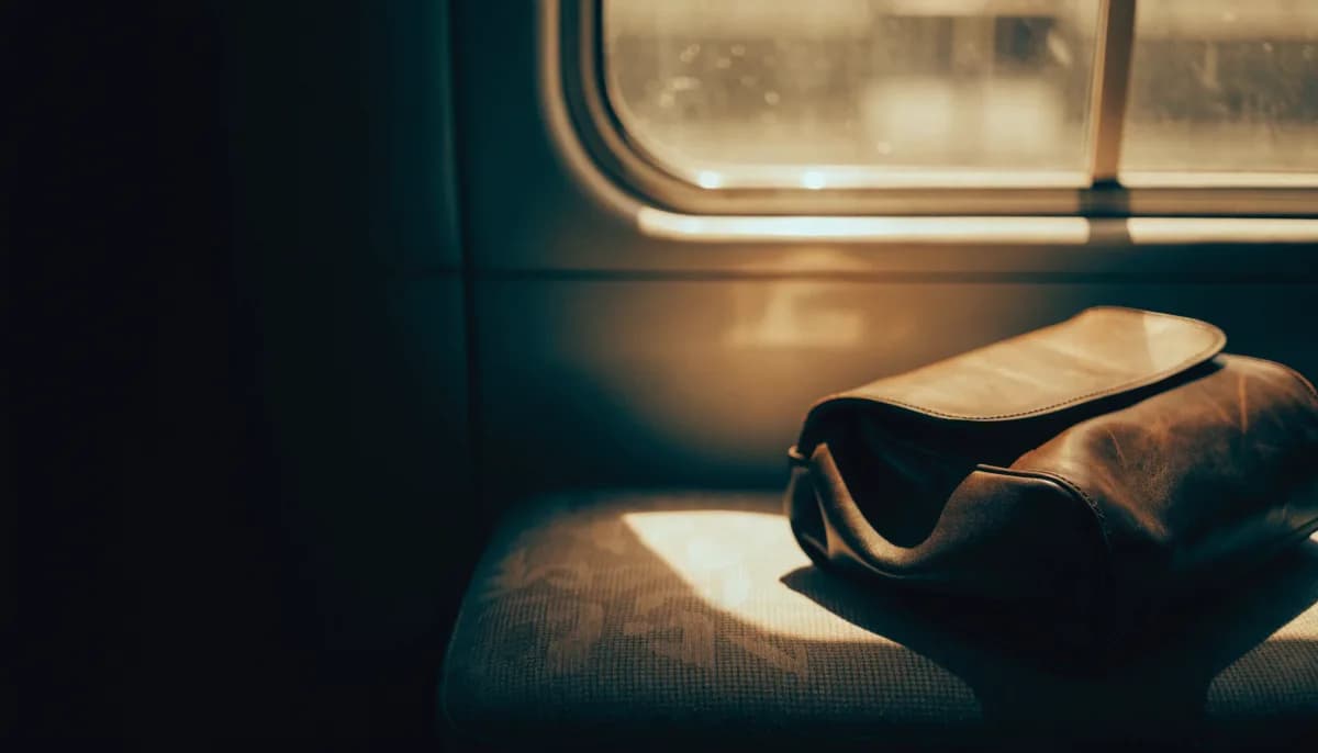 A worn leather satchel on an empty commuter-train seat, morning light through the window.